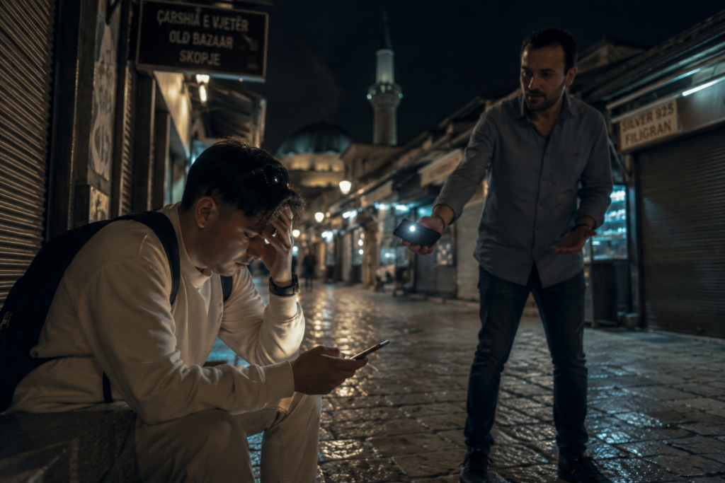 Un incontro notturno in una strada di Skopje